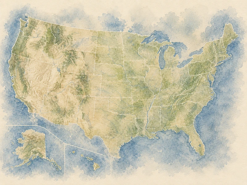 Watercolor map of the continental United States